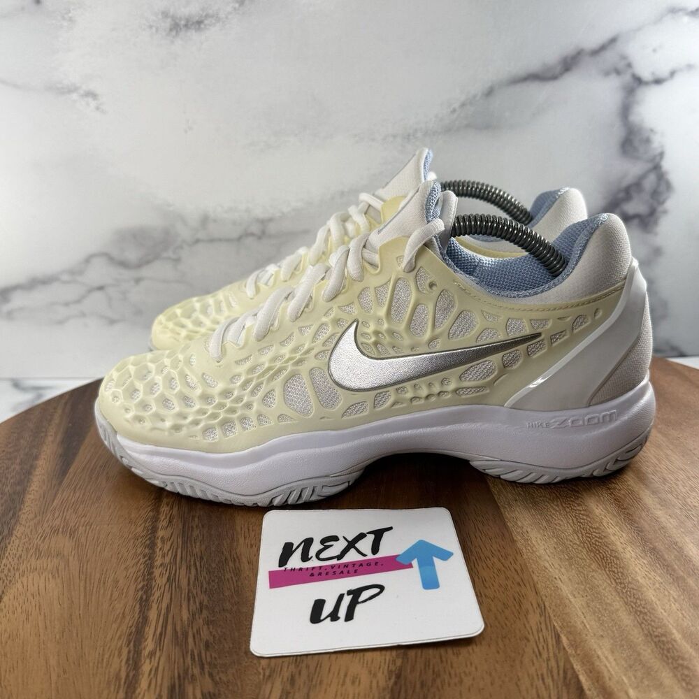 Women’s 7-Nike Zoom Cage 3 Tennis Court Shoes White Pale Yellow Blue 918199-119